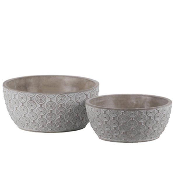 Urban Trends Collection Cement Low Round Pot with Painted Embossed Concentric Circle Gray Set of 2 54110